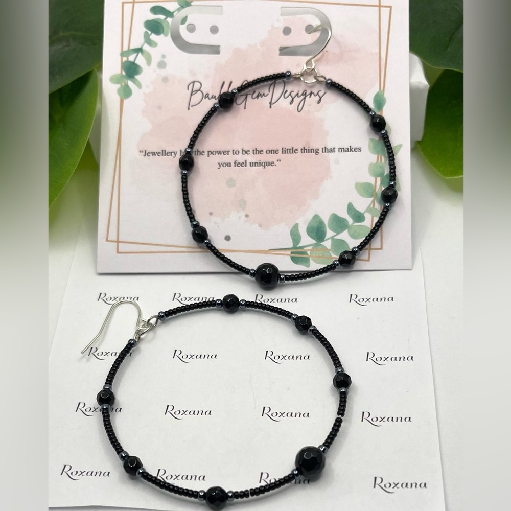 Black Onix and Premium Japanese seed Beads hoop earrings-Silver plated Findings.